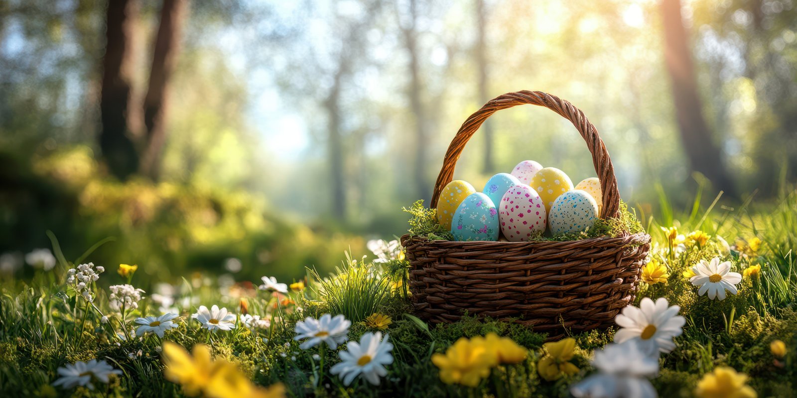 Colorful Easter eggs nestled in a wicker basket amidst blooming flowers in a sunlit forest clearing